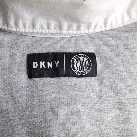 DKNY Men's Light Grey Snap Button Polo Navy Stripe Embroidery Spellout, Size Med - Picture 5 of 9